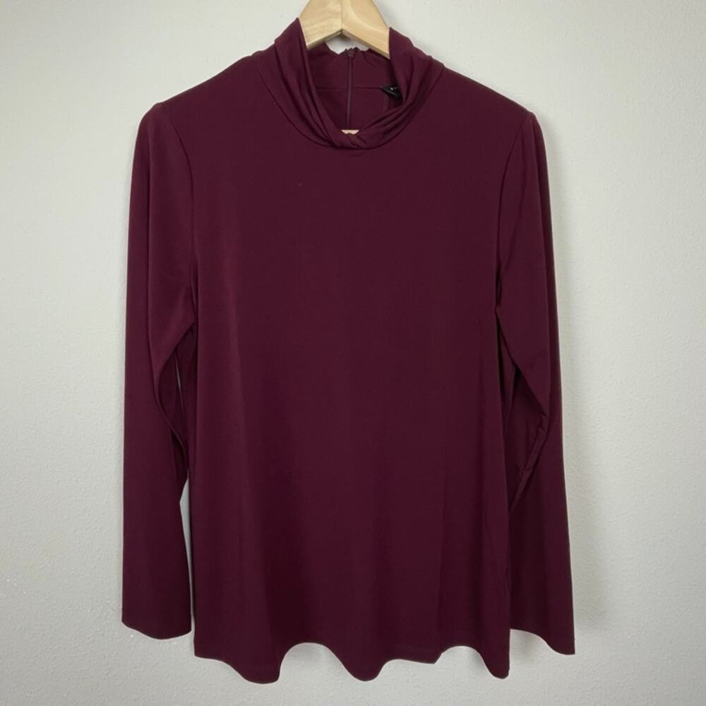 Susan Graver Bordeaux Mock Neck Top M Zip Jersey Knit Long Sleeve Minimalist